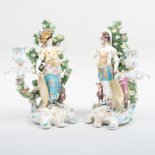 Pair of Chelsea Porcelain Bocage Figural Candlesticks with Minerva and Mars