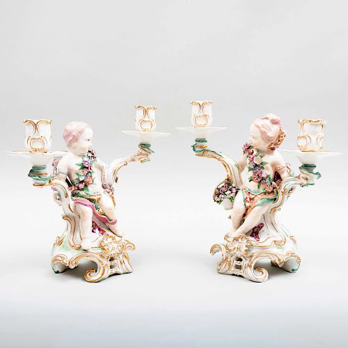 Pair of Chelsea Porcelain Two-Light Figural Candelabra with Putti