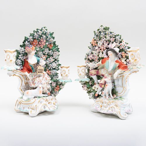 Pair of Chelsea Porcelain Bocage Two Light Candelabra of a Courting Couple 