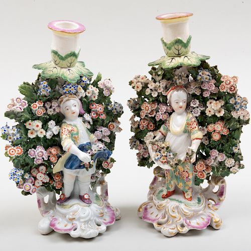 Pair of Chelsea Porcelain Bocage Figural Candlesticks 