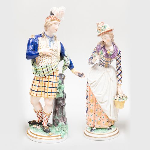Pair of Derby Porcelain Figures of Scotsman & Companion