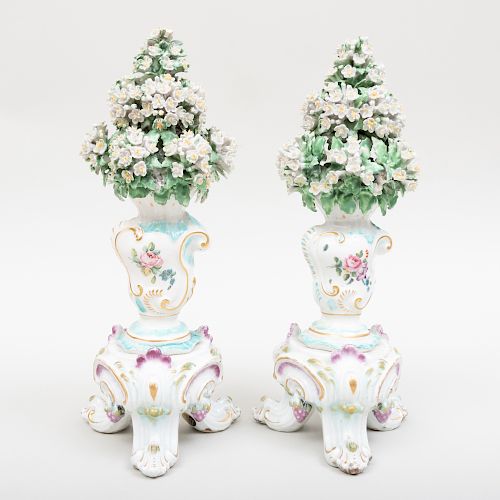 Pair of Derby Porcelain Bocage Flowers in Vases on Chelsea Tripod Bases