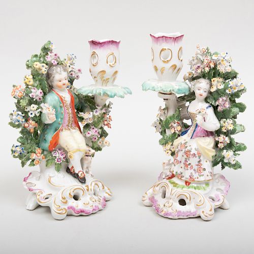 Pair of Derby Porcelain Bocage Figural Candlesticks 