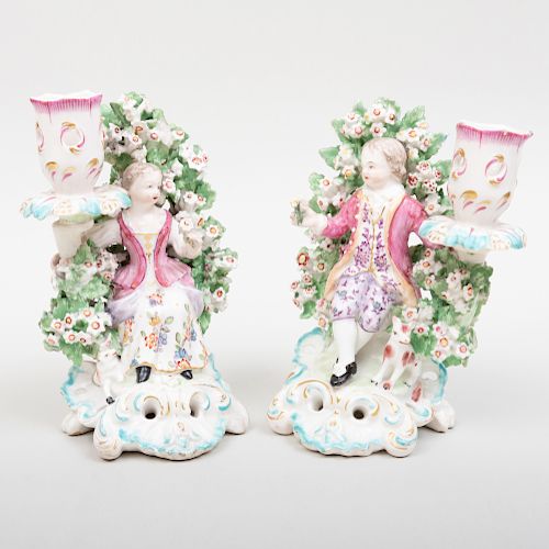 Pair of Derby Porcelain Bocage Figural Candlesticks