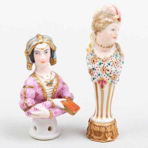 Continental Porcelain Figural Seal Inset with Bloodstone and a Continental Porcelain Finial