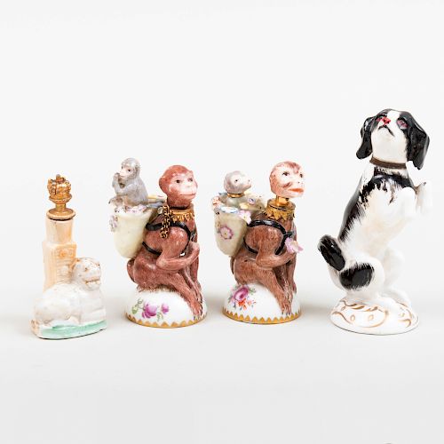 Two Chelsea Porcelain Monkey Form Scent Bottles and Two Animal Form Scent Bottles