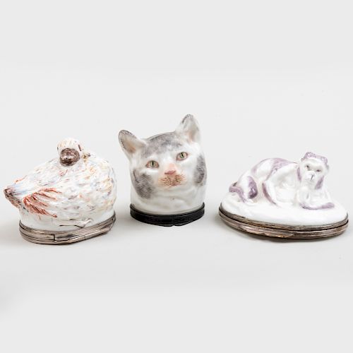 Samson Porcelain Cat Form Snuff Box and Two French Porcelain Animal Form Snuff Boxes