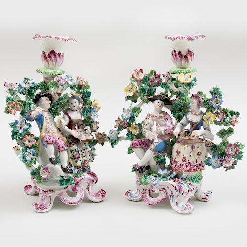Pair of Early English Porcelain Bocage Candlesticks of Musicians