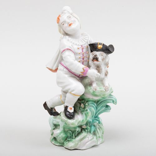 English Porcelain Figure of an Actor with Dog, Probably Bow
