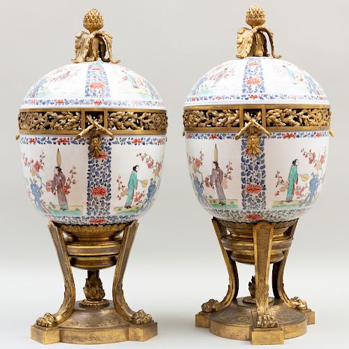 Pair of Large Gilt-Metal Mounted Samson Porcelain Potpourri Bases and Covers
