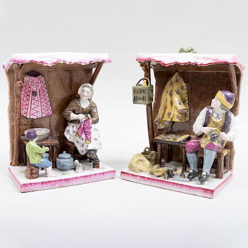 French Faience Figure Group of a Cobbler's and a Seamstress' Stalls
