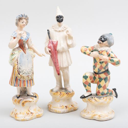 Two Continental Pottery Figures of Harlequins and a Figure of Maiden, Probably Cozzi