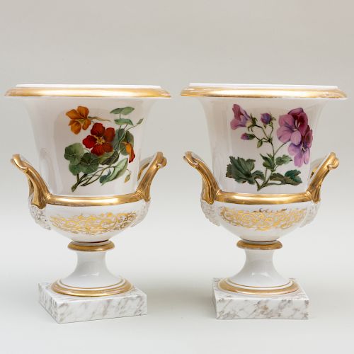 Pair of Paris Porcelain Urns Decorated with Fruits and Flowers
