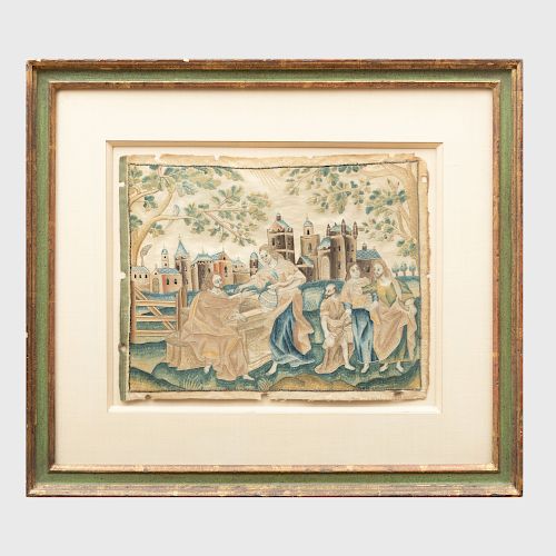 Charles II Needlework Panel, Depicting Christ and the Samaritan Woman at the Well