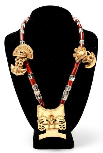 Pre-Columbian Tumbaga Gold Quartz Jasper Necklace