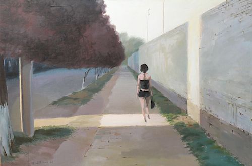 Liang Hongli "Woman on the Street" Large Oil on Canvas