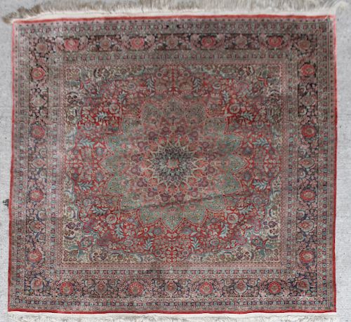 Persian Silk Area Rug w Floral Medallion 3' x 3'