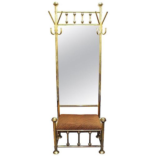 Mid-Century Brass Hall Tree Mirror w Bench