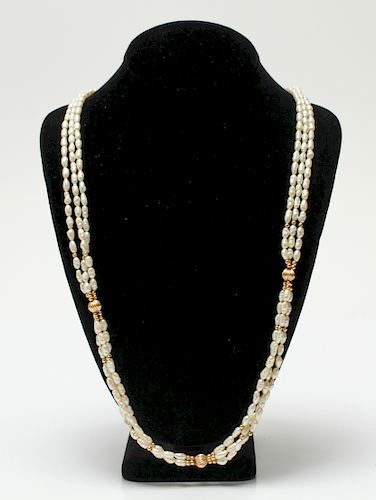 14K Gold Three Strand Freshwater Pearl Necklace