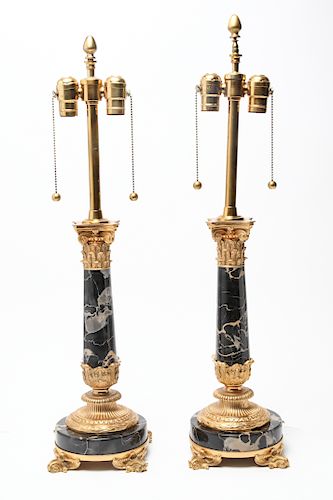 Empire Style Gilt Bronze & Black Marble Lamps, 2