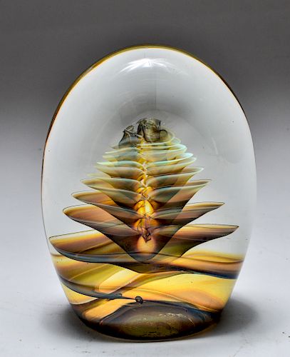 Art Glass Paperweight with Iridescent Coil