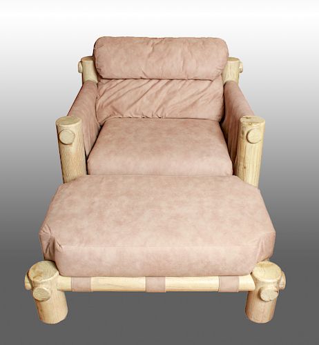 Rustic Loung Chair & Ottoman w Beige Upholstery