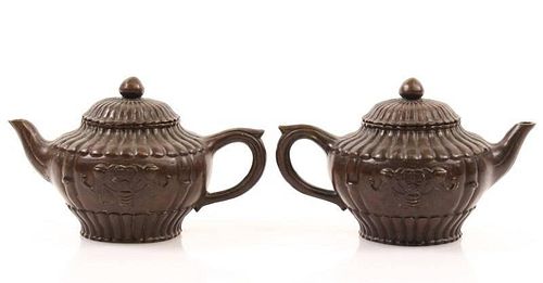Pair of Chinese Bronze Lidded Tea Pots, Marked