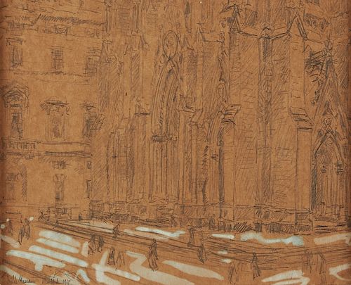 Childe Hassam Pencil with Gouache of St. Patricks Cathedral