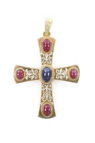 Italian 18k Gold, Diamond, Sapphire & Ruby Cross