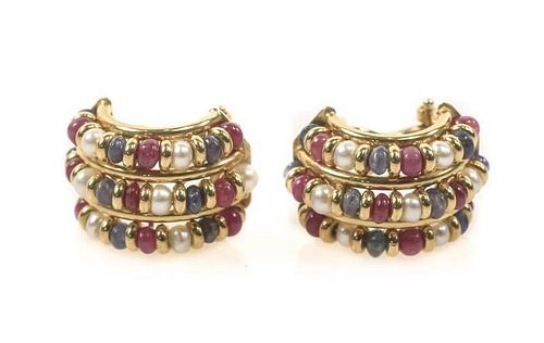 Pair of Handmade Ruby, Sapphire & Pearl Earrings