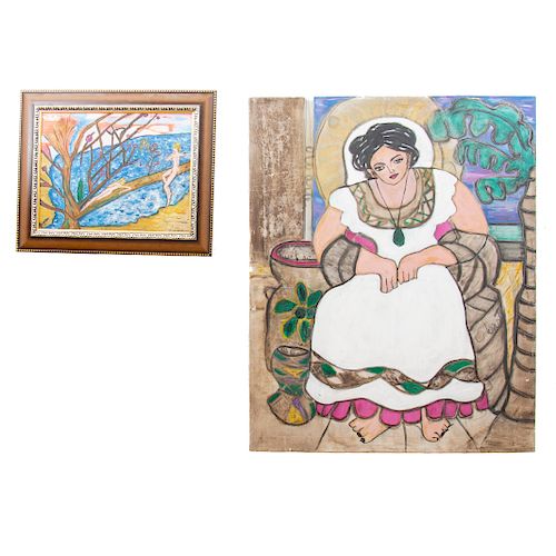 Lote de 2 obras pictóricas. Teresa Olarte y Patricia Olarte. Mujeres sobre árbol y Mujer sentada. Óleo sobre tela. Una enmarcada.