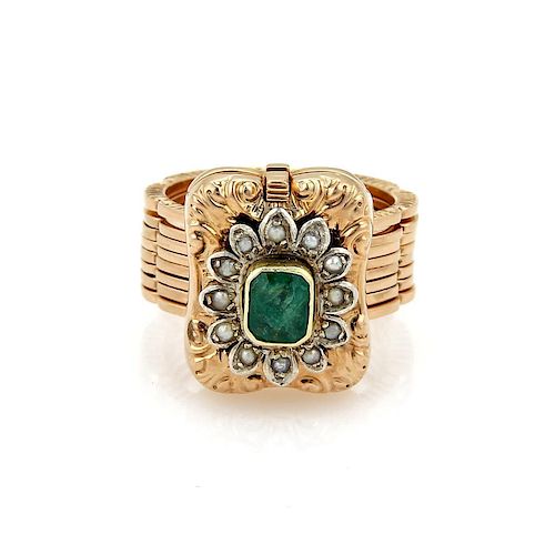 Antique Emerald Pearl 18k Rose Gold Convertible Ring to Bracelet
