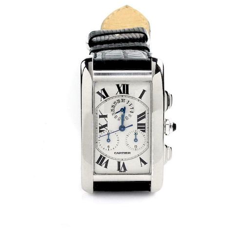 Cartier Tank Americaine Chronograph 18k White Gold Leather Band Men's Watch 2312 