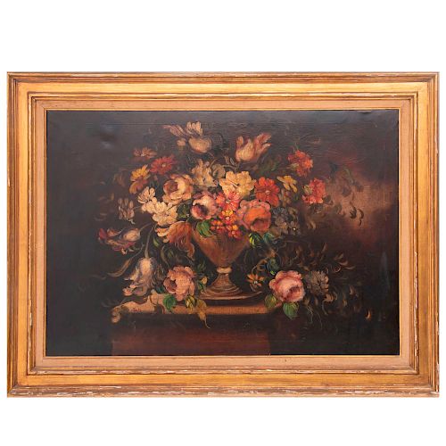 Anónimo. Naturaleza muerta con flores. Siglo XX. Óleo sobre tela. Con marco de madera tallada. 69 x 99 cm