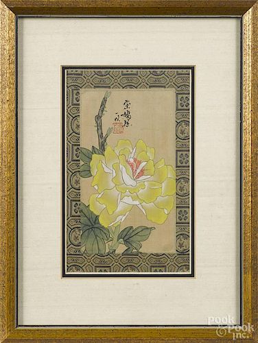 Pair of Japanese watercolor and silk panels, 7'' x 4 1/4''.