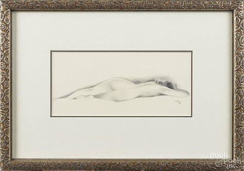 Pencil sketch of a nude woman, signed Hunro '68, 4 1/4'' x 9 1/2''.