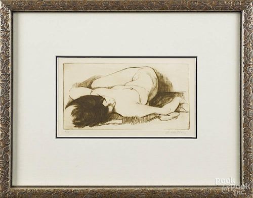 Limited edition etching of a nude woman, signed E. Haller and numbered 9/17, 4 3/4'' x 8 3/4''.
