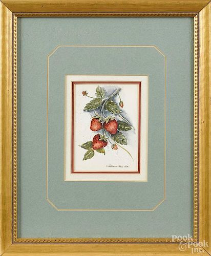 Watercolor still life of strawberries, signed Patricia Ann Lee, 4'' x 2 3/4''.
