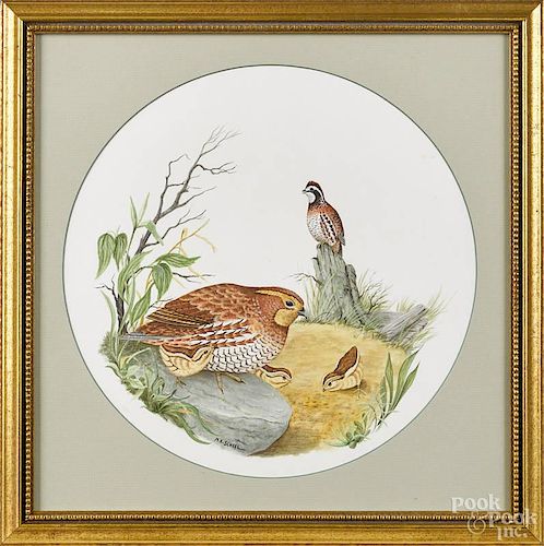 Watercolor portrait of a quail family, signed M. K. Scheel, 11 1/2'' dia.