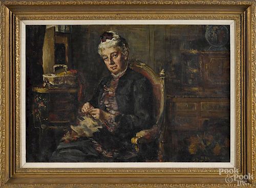 Oil on canvas of a woman knitting, late 19th c., 14'' x 21''.