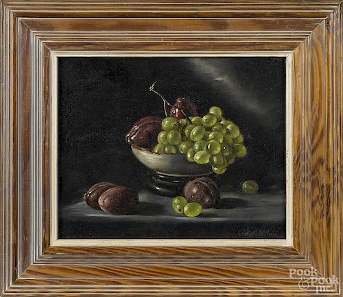 Robert White (American 1921-2008), oil on board still life, titled Plums & Grapes