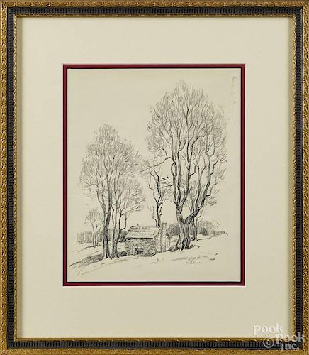 Gustav Nilson (American 1897-1988), pencil sketch of a stone cabin in a grove of trees