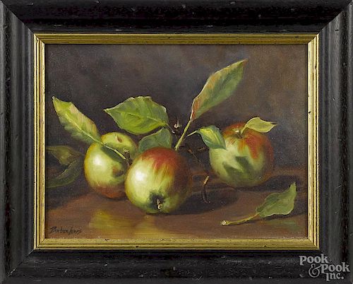 Oil on canvas still life of apples, signed Barbara Lewis, 9'' x 12''.