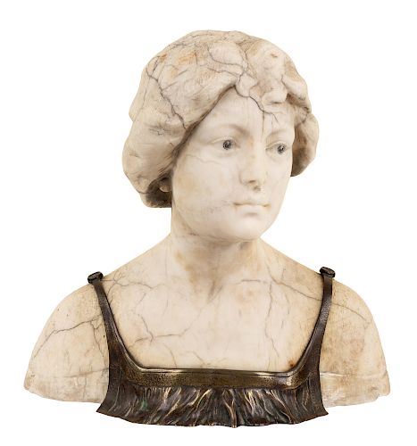 A BRONZE-MOUNTED ALABASTER BUST OF A WOMAN, 19TH CENTURY