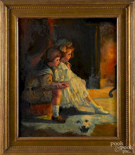 M. Fisher (American 20th c.), oil on canvas of two children sitting by a fire, signed lower right