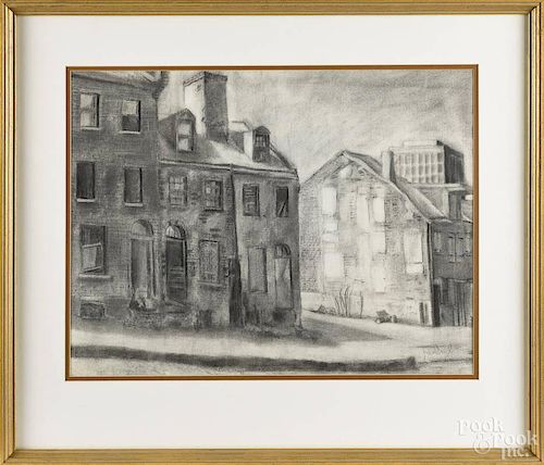 Charcoal street scene, mid 20th c., signed indistinctly lower right, 17'' x 22 1/2''.