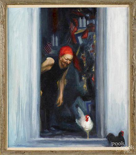 Oil on canvas of a woman with chickens, signed Bahmermann '76, 32'' x 28''.