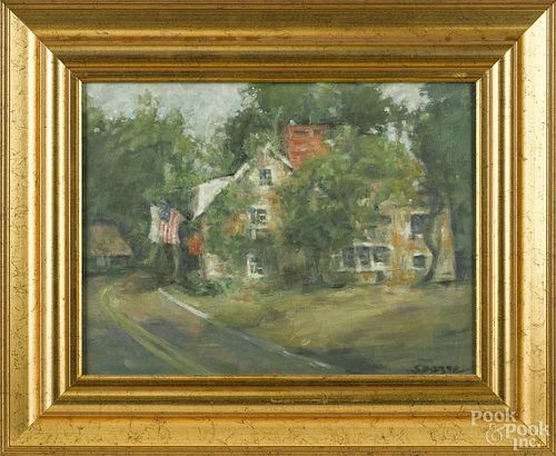 Contemporary oil on canvas landscape with a house, signed Sparre lower right, 12'' x 16''.