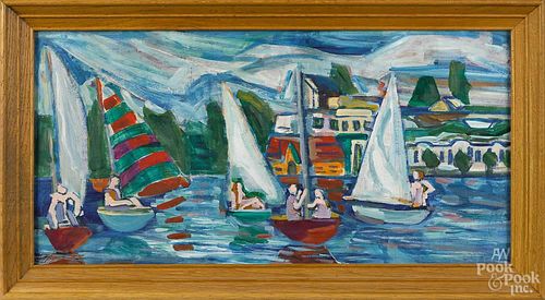 Arnold Wood (Canadian 1930-1993), acrylic on board, titled Sunny Day, initialed lower right