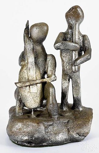 Irenee Lemieux, stone sculpture of figures playing a cello and a flute, signed and dated '85 verso
